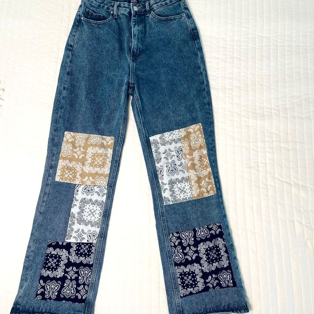 Simple Society High Waisted Patchwork Denim Jeans Wide Leg Boho Size 9/29